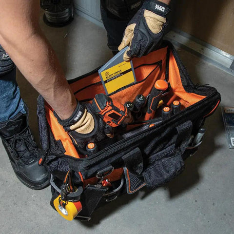 Tradesman Pro Wide Open Tool Bag With 1680 Ballistic Weave Molded Bottom Detachable Shoulder Strap Stay Open Top Bright Orange Interior