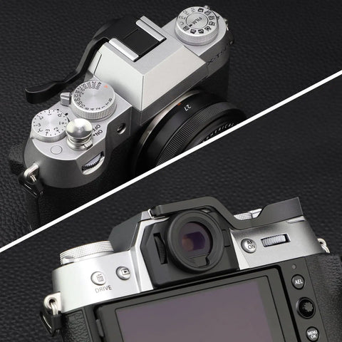 Ergonomic Black Metal Thumb Up Rest Grip For Fujifilm Xt30 Xt20 Xt10 Xt50 Xt30iii Cameras attached to hot shoe, top and rear view