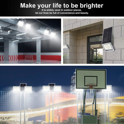 Two Pack 300W Solar Flood Lights Outdoor With Remote No Sweat, 30,000 Lumens Dimmable Security Lights in various outdoor settings