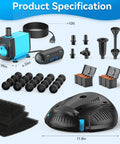 Pond Filter With Pump Fountain Kit Built-In UV Clarifier 660GPH 40W components laid out, including pump, UV clarifier, and accessories.