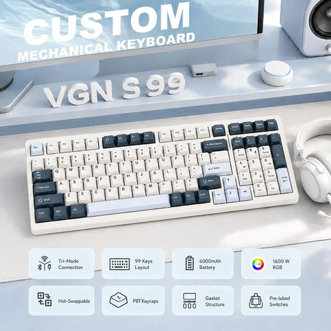 Game Ready Mechanical Keyboard Featuring Slick Tri Mode Wireless Bluetooth And 2.4GHz Setup For Lag Free Multi Device Pairing And A Rock Solid USB C Wired Backup For Gamers, shown with 99 keys layout.