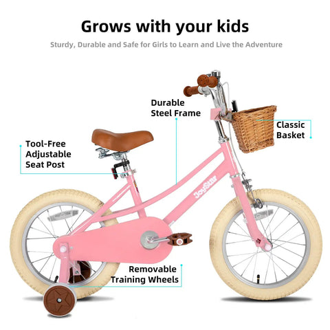 Side view of 14 Inch Pink Princess Kids Bike For Girls Aged 3 To 5 with basket, steel frame, and training wheels.