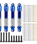28mm RC Oil Shocks 4Pc Aluminum Shock Absorbers for 1/30 Axial SCX30 Wrangler Bronco with springs and bolts in blue.