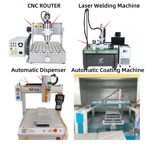 CNC router, laser welding machine, automatic dispenser, and coating machine setup for industrial use.