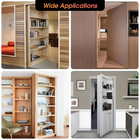 Wide applications of heavy duty pivot door hinge for hidden doors and bookcases, 180 degree concealed pivot system.