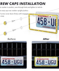 Installation steps for Sparkly Bling License Plate Frame With Crystal Rhinestones And Diamond Screw Set Two Pack AB Color.