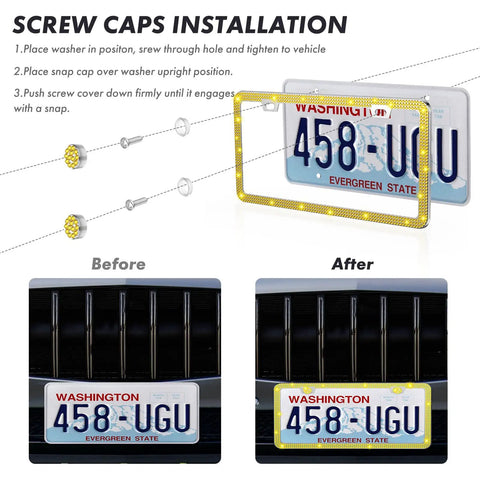 Installation steps for Sparkly Bling License Plate Frame With Crystal Rhinestones And Diamond Screw Set Two Pack AB Color.