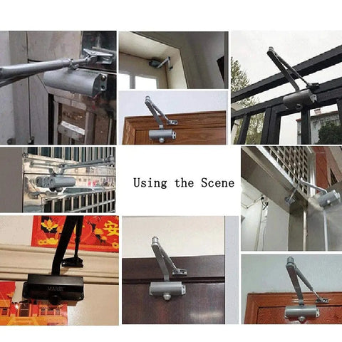 Light Commercial Aluminum Door Closer With Soft Close And Automatic Adjustable Arm installed on various doors in different settings.