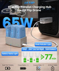 All In One 65W Fast Charge Drone Charging Hub For DJI Flip Drones showing 3 blue battery slots in use with mode lights.