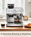 Top Tier Home Barista Espresso Machine With Solid Grinder And True Dual Boiler Brewing Coffee And Steaming Foam Together Nailing Perfect Cappuccinos Straight From A Big 95 Oz Tank Keeping Mornings Dope And Stress Free on kitchen counter.