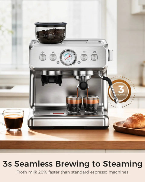 Top Tier Home Barista Espresso Machine With Solid Grinder And True Dual Boiler Brewing Coffee And Steaming Foam Together Nailing Perfect Cappuccinos Straight From A Big 95 Oz Tank Keeping Mornings Dope And Stress Free on kitchen counter.