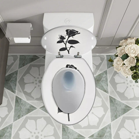 Elongated Toilet Seat Rose Resin for Bathroom Replacement with black rose design installed on toilet.