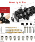 Precision Doweling Jig Kit With Adjustable Drill Guide And One Quarter Three Eighth One Half Inch Bushings Pro Grade Quick Clamp System visible with components.