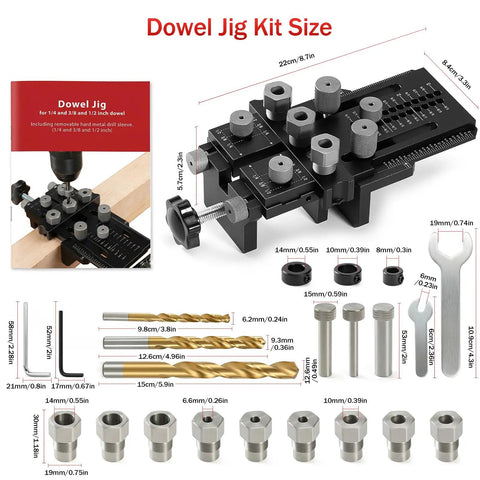 Precision Doweling Jig Kit With Adjustable Drill Guide And One Quarter Three Eighth One Half Inch Bushings Pro Grade Quick Clamp System visible with components.