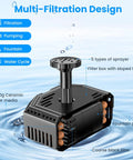 4W Solar Fountain Pump with Pond Filter Kit, 5 nozzles, and PVC tubing for bird baths and small ponds, multi-filtration design shown