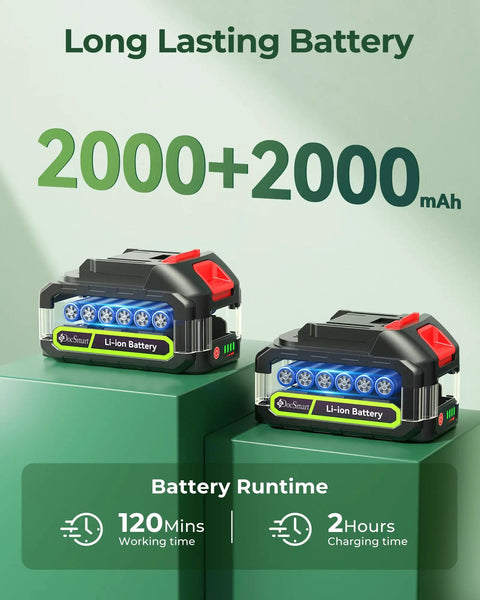 Cordless 20 Inch Hedge Trimmer With Battery Pack, 3000 RPM Brushless Motor shown with dual 2000mAh rechargeable batteries