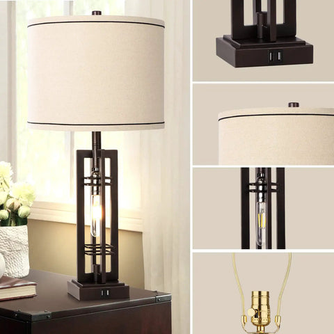 Tall Farmhouse End Table Lamps With Built In Outlets And USB Ports, Rustic Industrial Style with beige shade on table