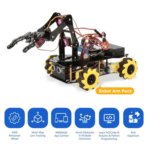 5DOF Smart Robot Arm And 4WD Remote Control Car Kit For Arduino Python Blockly Projects STEM Education Starter Kit For Teens 12 Plus And Adults Programmable Robotic Arm Car For Coding Practice Hands On Learning And Unique Gift.