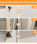 Before and after comparison of wood damage repair using White Wood Filler And Putty 16 Oz Repair Kit for holes and cracks.