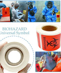Built Different High Visibility Biohazard Warning Stickers 250 Roll Pack Of Hella Durable Self Adhesive Safety Decals For Medical Labs Clinics And Industrial Sites on a roll in hand.