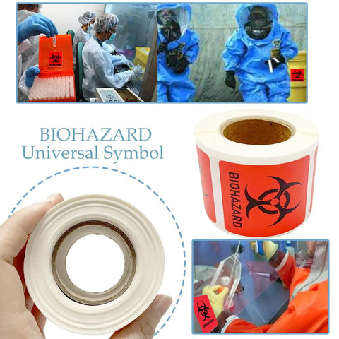Built Different High Visibility Biohazard Warning Stickers 250 Roll Pack Of Hella Durable Self Adhesive Safety Decals For Medical Labs Clinics And Industrial Sites on a roll in hand.
