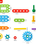 Totally Legit 92 Piece Screw Engineering Blocks Set With Sensory Construction Bricks For Creative STEM Learning Activities And Super Cool Kid Gift Ages 3 Plus showing sizes of various colorful components.