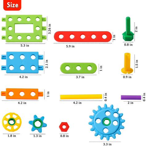Totally Legit 92 Piece Screw Engineering Blocks Set With Sensory Construction Bricks For Creative STEM Learning Activities And Super Cool Kid Gift Ages 3 Plus showing sizes of various colorful components.