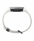 Side view of Charge 3 SE Fitness Tracker with graphite and white silicone band, one size fits most, includes small and large bands.