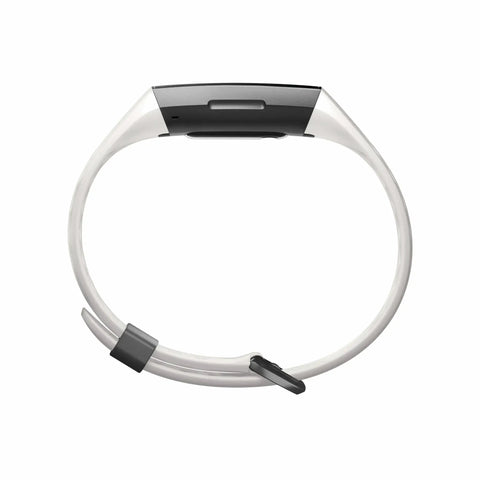 Side view of Charge 3 SE Fitness Tracker with graphite and white silicone band, one size fits most, includes small and large bands.