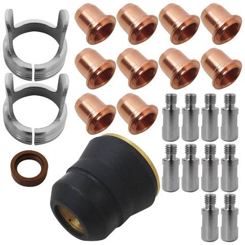 IPT40 Plasma Cutter Consumables Kit components for YESWELDER Cut 55DS Pro and Cut 65DS with electrodes, nozzles, and cups.