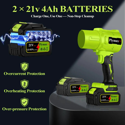 Beast Power Cordless Leaf Blower With Turbo 800000 RPM Motor Dual Speed Nozzles 2x4Ah Batteries And Charger shown