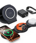 Three-In-One Wireless Charging Dock for iPhone 17 16 15 14 13, Apple Watch and AirPods, showing charging devices on black dock
