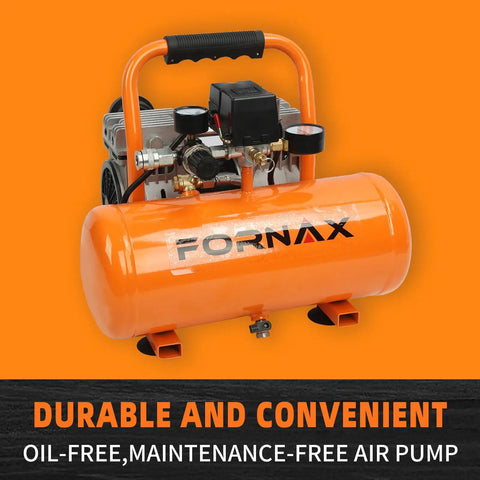 Fornax 2 Gallon Oil Free Portable Air Compressor With Ultra Quiet Design For Tire Inflation Auto Repair And Spray Painting At Up To 125 Psi Max Pressure And Fast Recovery Times For Effortless Project Completion