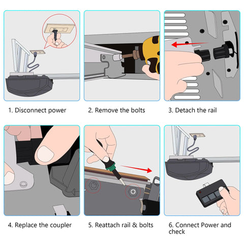 Installation steps for Two Piece Screw Drive Garage Door Opener Coupler Set Compatible With LiftMaster Chamberlain.