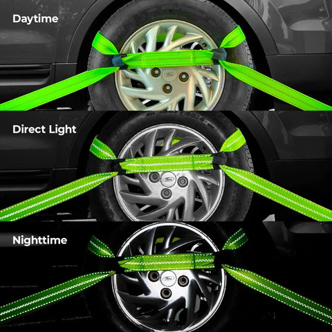 Eight Point Vehicle Tie Down Kit With Snap Hook Ends And Chain Tail On Ratchet Ends Set Of Four Reflective High Viz Neon Webbing