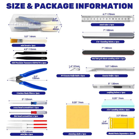23 Piece Hobby Model Building Tools Kit For Gundam Builders Must Have Essential Modeler Craft Set details and sizes