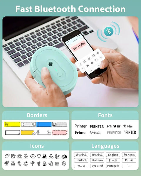 Compact Bluetooth Label Maker With Built In Rechargeable Battery And Ink Free Direct Thermal Printing For Effortless Home Organization And Straight Up Reliable Daily Labeling Jobs In Cool Green, showing mobile app interface.