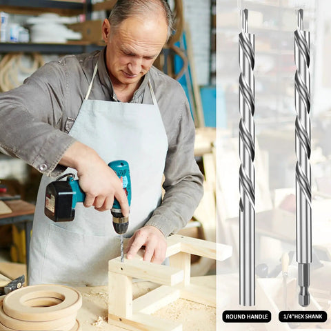 Man using 8 Piece 3/8 Inch Pocket Hole Drill Bit Set With Depth Stop Collar and Wrench on wood project, drill bits close-up