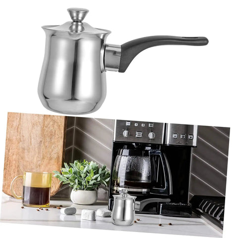 Turkish Teapot 180ml Milk Frothing Pot Stainless Steel Induction Coffee Pot on kitchen counter with coffee maker