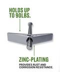 Close-up of round head machine screw toggle bolt showing zinc-plating and spring action wings for firm backing in hollow walls.