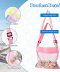 Clear mesh bag with pink straps on sand. Beach Day Must Have Sand Sifter Set With Telescoping Handle Angled Scoop For Easy Digging.
