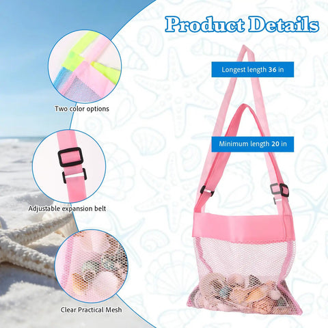 Clear mesh bag with pink straps on sand. Beach Day Must Have Sand Sifter Set With Telescoping Handle Angled Scoop For Easy Digging.