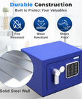Premium Steel Digital Safe Box With Electronic And Mechanical Access For Cash Jewelry And Small Guns Compact 9.1 Inch By 6.7 Inch By 6.7 Inch Lockbox For Hotels Cabinets And Home Use In Blue showing steel construction and keypad.
