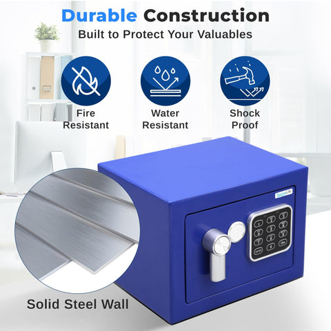 Premium Steel Digital Safe Box With Electronic And Mechanical Access For Cash Jewelry And Small Guns Compact 9.1 Inch By 6.7 Inch By 6.7 Inch Lockbox For Hotels Cabinets And Home Use In Blue showing steel construction and keypad.