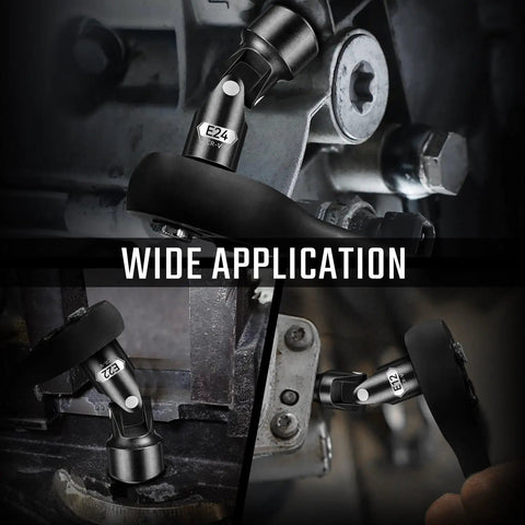 15-Piece E-Torx Swivel Socket Set With 1/4 In And 3/8 In Drives, Universal Joint, External Star Sockets E4 To E24, Built Tough From CR-V Steel, Includes 2 Adapters For Quick, Flexible Auto And Bike Projects. E24 E-Torx swivel socket on universal joint in tight machinery space