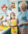 Montessori kids kitchen tools set on a yellow cutting mat; child in apron uses a plastic toddler knife to cut vegetables.