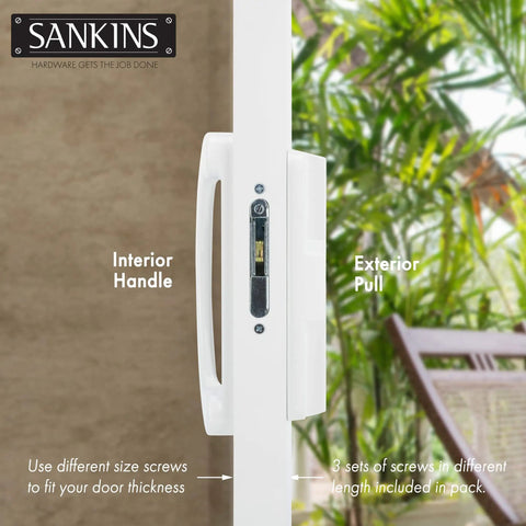 Sturdy White Diecast Sliding Patio Door Handle Pull Set Featuring Smooth Unkeyed Rotation For Mortise Lock Glass Doors Zero Hassle Upgrade Replacement Fits 3 15 16 Inch Hole Spacing And Total Bang For Buck, showing interior handle and exterior pull.