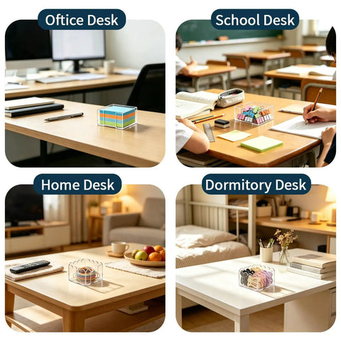 Two Pack Acrylic Sticky Note Holder Set With Scalloped And Straight Edge Design 3x3 Inch on various desks
