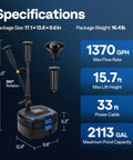 Specifications of 4 In 1 Pond Filter System Kit With 1370 GPH Pump Built In Filter Fountain And 13W Light. Max flow 1370 GPH.