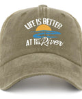 Life Is Better By The River Quote Baseball Hat For Men, Dope Camping Ready Cap with river and sun design on front panel